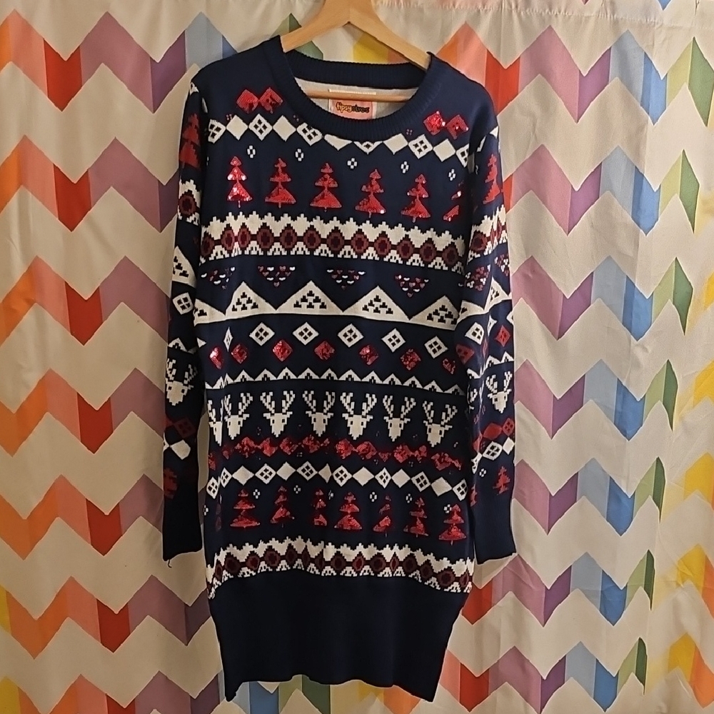 Tipsy Elves Festive Navy Sweater Dress with Red and White Patterns
